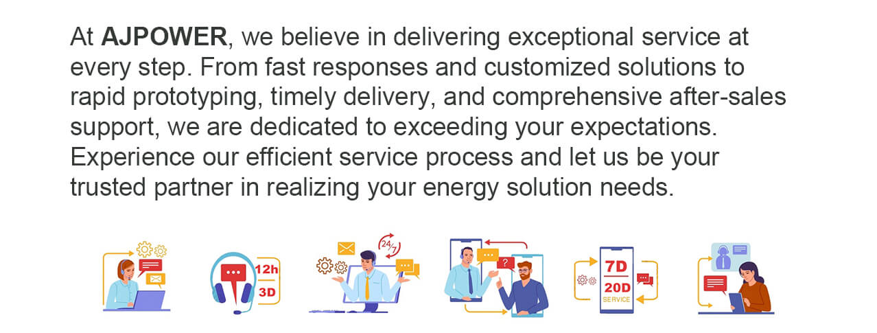 At AJPOWER, we believe in delivering exceptional service at every step. From fast responses and customized solutions to rapid prototyping, timely delivery, and comprehensive after-sales support, we are dedicated to exceeding your expectations. Experience our efficient service process and let us be your trusted partner in realizing your energy solution needs.